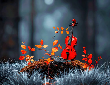 A miniature red violin stands prominently amidst a cluster of dewy, silver-tinged grass and foliage. A vibrant swarm of orange and brown butterflies gracefully flutters around the instrument, with several perched on the surrounding vegetation. The background is softly blurred, depicting a dark, ethereal forest environment, enhancing the magical and dreamlike atmosphere. This captivating scene evokes themes of music, nature, fantasy, and tranquil beauty, suitable for artistic projects, album covers, or designs exploring whimsical themes.の素材