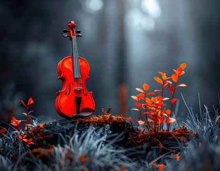 A vibrant red cello stands upright in a mysterious, dark forest setting. Rays of light penetrate through the distant trees, casting a dramatic glow on the scene. The ground is covered with dark, cool-toned vegetation, complemented by scattered smaller red and orange plants near the instrument. This ethereal woodland composition evokes a sense of magic and musical wonder.の素材
