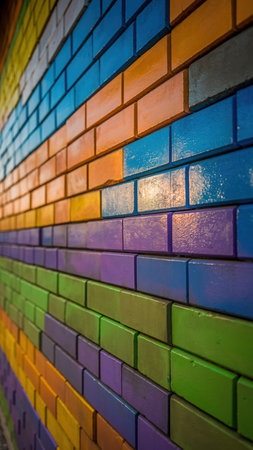 A close-up, angled view of a brick wall painted with bright, vibrant horizontal stripes in various colors. The textured surface shows individual bricks, each painted a different hue, including shades of blue, orange, purple, green, yellow, and grey. The perspective creates depth, emphasizing the rhythmic pattern and colorful nature of the architectural element.の素材