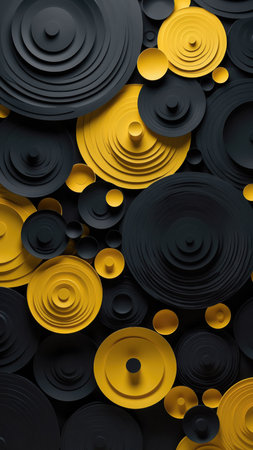 A visually striking abstract pattern composed of numerous layered circular elements. The design features a compelling contrast between deep black and vibrant golden yellow hues. Each circle exhibits concentric rings, creating a distinct three-dimensional, relief-like effect. The various circles differ in size, ranging from small accents to prominent focal points, contributing to a dynamic and engaging overall composition. The surfaces appear subtly textured, evoking a sense of papercraft or precise cut-out construction. This modern and elegant visual provides an impactful background suitable for a wide array of creative projects.の素材