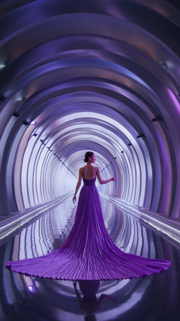 A woman, viewed from behind, stands elegantly in the center of a long, futuristic tunnel. She is adorned in a magnificent, sequined purple gown featuring an extensive train that gracefully trails behind her on the reflective floor. The tunnel's walls are constructed with sleek, curved metallic panels, illuminated by a mesmerizing purple and violet light that creates a striking visual effect and deep perspective. The sophisticated lighting and modern architecture convey a sense of luxury, prestige, and forward-thinking design. This scene captures a moment of grandeur and refined style.の素材