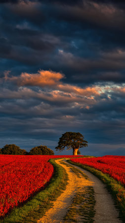 A captivating rural landscape unfolds under a dramatic sky, featuring a narrow, unpaved dirt path that meanders gracefully through a vast field of vibrant red flowers. The path, bathed in a warm, golden light, suggests either the early morning or late afternoon sun. In the distance, a majestic, solitary tree stands as a prominent focal point against the horizon. The sky above is a spectacle of contrast, with heavy, dark clouds interspersed with luminous patches of golden light, creating an atmospheric and visually striking scene. The deep crimson hues of the field, the earthy tones of the path, and the varied shades of the sky contribute to a rich and evocative depiction of natural beauty.の素材