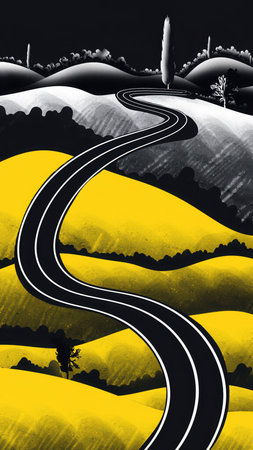 A dramatic graphic illustration depicting a serpentine road carving its way through rolling hills bathed in vibrant yellow and contrasting shadows. The stark black sky and accents emphasize the journey through a stylized rural landscape, evoking a sense of artistic exploration and movement.の素材