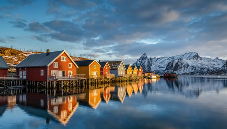 A tranquil view of traditional Norwegian rorbu cabins, painted in vibrant red and yellow, built on stilts over calm fjord waters. Their colorful facades are perfectly reflected in the still surface. In the background, majestic snow-capped mountains rise under a partially cloudy sky, completing this picturesque Nordic landscape.の素材