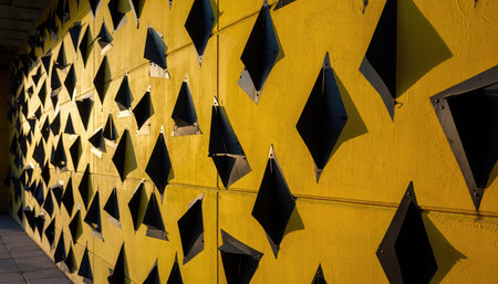 A vibrant yellow wall showcases a repeating geometric pattern of diamond-shaped cutouts. This textured surface creates a dynamic interplay of light and shadow, highlighting a modern architectural detail.の素材