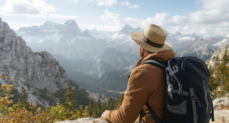 A solo adventurer wearing a straw hat and large backpack is seated, overlooking a grand mountain range. The person is viewed from the side, contemplating the vast, rugged landscape of numerous rocky peaks and deep valleys stretching into the distance under a bright, partly cloudy sky. Scattered green vegetation dots the foreground and midground, emphasizing the wild and untamed natural environment. This scenic outdoor setting conveys a sense of achievement, exploration, and the tranquil beauty of nature.の素材