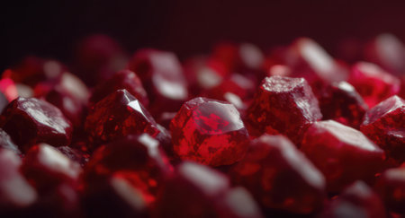 A very close perspective captures numerous shiny, ruby-red pomegranate arils, creating an appealing visual. The individual seeds display subtle variations in shape and light reflection, some appearing almost like tiny jewels. A shallow depth of field keeps the central area sharply focused, while elements towards the periphery gently blur, adding to the textural depth. The dark background enhances the vividness of the crimson tones. This composition highlights the intricate surface and rich color of the fruit.の素材