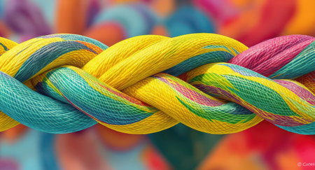 A close-up view of a vibrant, braided rope-like object. It consists of multiple strands, interwoven and sparkling with a glittery texture. The colors are bright and cheerful, including yellow, teal, pink, and green, suggesting a confectionery or sweet treat appearance. The background is softly blurred with complementary colorful hues, creating an artistic bokeh effect. This dynamic composition is ideal for cheerful designs, festive events, children's themes, or as a decorative background, evoking a sense of fun and sweetness.の素材