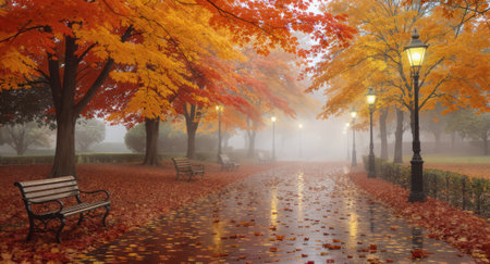 Vibrant red, orange, and yellow autumn leaves carpet a wet park path. Brilliant fall foliage adorns trees, with street lamps emerging from a soft mist in the distance, near a park bench.の素材