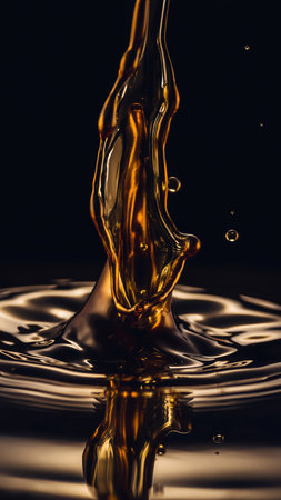 A close-up shot of golden, viscous liquid pouring into a pool of itself, creating ripples and splashes against a dark background. The rich fluid reflects light, highlighting its dynamic movement and luxurious texture.の素材