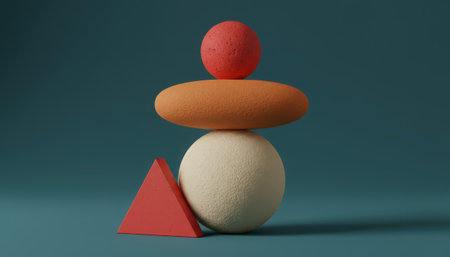 A minimalist composition features a meticulously stacked arrangement of three-dimensional geometric objects against a solid teal-blue backdrop. At the base, a prominent off-white, textured sphere supports an orange, textured ovoid shape. Perched atop the ovoid is a smaller, vibrant red, textured sphere. To the left, a distinct red triangular prism rests, adding a dynamic visual element. All objects exhibit a granular, porous texture, contrasting with the smooth, matte background. The soft, even illumination highlights the tactile surfaces and creates subtle shadows, emphasizing depth and form. This modern arrangement evokes concepts of balance, design, and artistic expression, suitable for contemporary visual projects and backgrounds.の素材