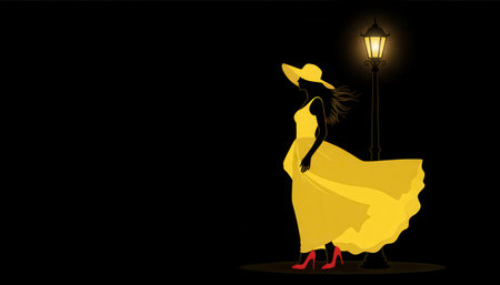 The scene depicts a minimalist yet evocative representation of a woman. She is presented as a golden, stylized silhouette, wearing a flowing yellow dress that appears to shimmer. The figure is seen from the side, seemingly in motion, perhaps walking or dancing. In her hand, she carries an old-fashioned lantern or a lit candle, which emits a warm, bright glow, providing the sole source of illumination in the otherwise deep black background. Her posture suggests elegance and poise. The overall composition creates a sense of mystery, warmth, and perhaps a journey through darkness, highlighting the light as a beacon. The attire hints at a classic or celebratory setting.の素材