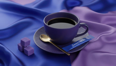 A vibrant purple ceramic cup filled with dark coffee sits elegantly on a matching saucer, accompanied by a gleaming golden spoon. Beside the cup are three violet-hued sugar cubes and a small blue sweetener packet. All elements are carefully arranged on luxurious, draped satin fabric showcasing rich shades of deep blue and soft lavender, creating a serene and sophisticated still life composition.の素材