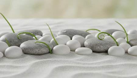 A close-up view captures a serene landscape composed of fine white sand, smooth grey and white pebbles, and delicate green grass blades. The sand exhibits gentle ripples and curves, providing a soft texture. Various sized stones are scattered across the foreground, creating a natural arrangement. A few vibrant green blades of grass emerge from the sand, some standing upright, others gracefully curled, adding a touch of life and color. The background is softly blurred, enhancing the sense of calm and focus on the foreground elements. This peaceful scene evokes feelings of balance, natural harmony, and tranquility, suitable for themes related to spa, wellness, meditation, or environmental concepts.の素材