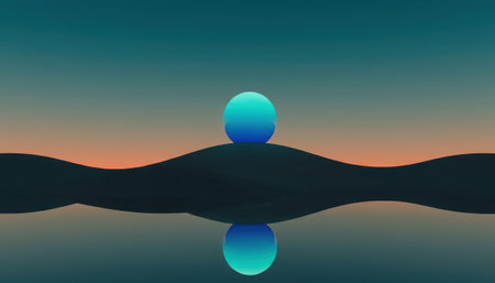 A tranquil, minimalist rendering of a celestial blue orb glowing above a dark, undulating horizon line. The sphere and the horizon are perfectly reflected in the calm water below. The sky shows a gradient of deep teal fading into subtle warm tones near the horizon, evoking a peaceful twilight or dawn setting. The composition is clean and symmetrical, with a futuristic or mystical atmosphere, emphasizing calm and reflection.の素材