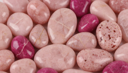 A close-up view reveals numerous smooth, polished pebbles in various shades of pink. The collection includes light pastel rocks alongside darker, more vibrant fuchsia and magenta stones. They are randomly arranged, forming a natural background texture with visible surface variations.の素材