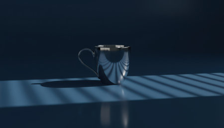 A reflective silver-toned mug rests on a dark blue surface. Strong, parallel shadows, likely cast by window blinds, stretch across the foreground and the cylindrical vessel. The composition features dramatic lighting and a minimalist aesthetic.の素材