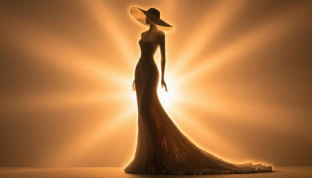 This captivating composition features the striking silhouette of a sophisticated woman, elegantly adorned in a flowing, formal gown and a wide-brimmed hat. She stands gracefully, with one hand delicately touching her hat, creating a pose that conveys poise and allure. A powerful, golden light source emanates from directly behind her, casting a dramatic starburst effect and enveloping her figure in a radiant glow. The intense backlighting emphasizes her slender form and the luxurious texture of her attire, creating a visually stunning contrast against the luminous background. This portrayal evokes themes of glamour, mystery, and classic fashion, suitable for projects related to luxury, entertainment, or formal events.の素材