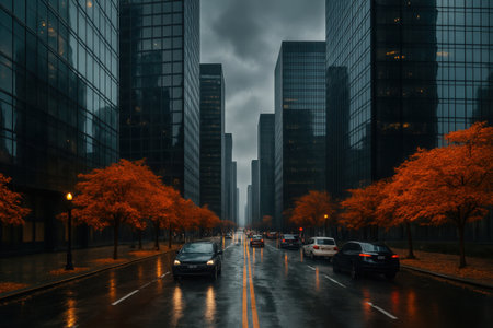 An atmospheric urban scene captures a wide city street on an overcast day, likely after a rainfall, evident from the glistening, wet asphalt reflecting streetlights and vehicle headlights. Towering glass-fronted skyscrapers line both sides of the thoroughfare, creating a sense of scale and modernity. A row of trees with striking orange and red autumn foliage provides a warm, natural contrast against the cooler tones of the buildings and sky. Several vehicles are visible on the road, hinting at ongoing city activity. The cloudy, muted sky contributes to a slightly moody yet captivating metropolitan panorama.の素材