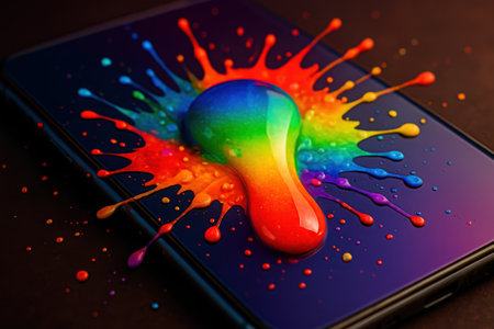 A dynamic and visually striking composition featuring a modern digital device, resembling a smartphone or tablet, from which a vibrant rainbow-colored liquid element bursts outwards. The spectrum of colors, including red, orange, yellow, green, blue, and violet, splatters across the dark screen surface in an energetic and three-dimensional fashion. This abstract representation conveys concepts of digital creativity, innovative technology, artistic expression, and the colorful potential within modern gadgets. The interplay of smooth digital interface and organic, fluid forms creates a compelling visual metaphor for content emerging from screens.の素材