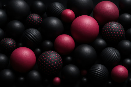 This captivating abstract composition features a dense array of spherical objects, predominantly in matte black and vibrant magenta hues. The spheres vary significantly in size, creating a dynamic sense of depth and perspective. Many of the orbs exhibit intricate textures, ranging from fine granular patterns to subtle ridges and bumps, contrasting with some smooth, polished surfaces. The interplay of light and shadow accentuates these details, giving the composition a tactile and three-dimensional appearance. The deep, rich colors and varied forms create a visually engaging and modern aesthetic, suitable for contemporary design, digital art, or as an evocative backdrop.の素材