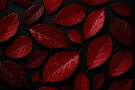 A detailed view of numerous dark red, stylized leaf shapes scattered across a deep, dark background. The elements have a sparkling, textured surface, reflecting light and creating a rich visual depth. They vary in size and orientation, forming an elegant and abstract pattern with deep crimson tones.の素材