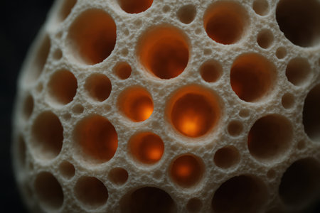 A macro view shows a textured, light-colored object covered in many circular holes of varying sizes. Some of these holes emit a soft, warm orange light from within, creating a striking contrast against the pale surface. The overall appearance is abstract and organic.の素材
