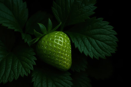 A close-up view reveals an unripe green strawberry fruit, prominently positioned against a dark, almost black background. The berry is still in its developmental stage, showcasing a vibrant lime green hue with visible seeds textured across its surface. It is nestled amongst several deep green leaves from the same plant, creating a natural framing effect. The lighting emphasizes the details of the berry and leaves, with soft shadows contributing to a sense of depth and natural growth. The overall mood is one of organic freshness and the promise of future ripeness, highlighting the early stages of fruit development.の素材