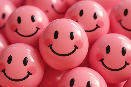 A dense cluster of vibrant pink, spherical candies, each adorned with a black smiley face. This close-up creates a cheerful, playful pattern.の素材