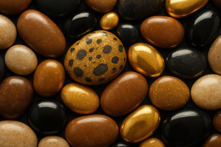 A close-up view presents a dense arrangement of smooth, polished pebbles in a rich array of colors. Predominant hues include various shades of lustrous gold, warm brown, and deep black. The stones are tightly packed, forming an intricate, full-frame mosaic. A prominent gold pebble in the center features distinctive dark, irregular spots, adding a unique focal point. Many of the gold stones exhibit a metallic sheen, catching the light and enhancing their elegant appearance. This natural stone pattern creates a vibrant and textured surface, ideal for decorative backdrops, artistic concepts, or elemental designs.の素材