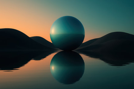 A tranquil scene featuring a large, perfectly smooth, teal-colored sphere sitting on a calm body of water. The sphere creates a clear, symmetrical reflection on the water's surface. In the background, dark, jagged mountain silhouettes rise against a vibrant sky that transitions from warm orange hues near the horizon to cool blue and teal tones overhead, suggesting either dawn or dusk. The composition evokes a sense of serenity, mystery, and a blend of natural landscape with an unusual, artificial element.の素材