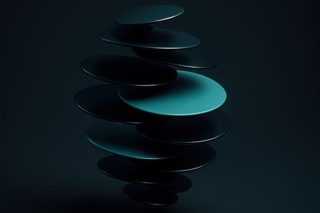 A minimalist, vertical composition featuring a stack of numerous smooth, circular discs. The discs exhibit shades of deep teal and turquoise, with a prominent light reflecting off one central disc, highlighting its glossy surface. The dark, solid background creates a stark contrast, emphasizing the geometric structure and modern aesthetic of the arrangement. The piece evokes a sense of balance and contemporary design.の素材