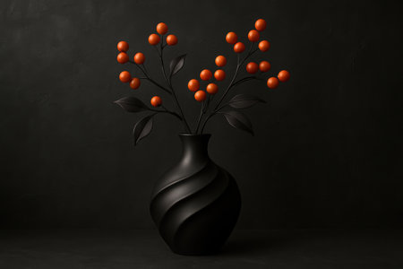 A black, intricately textured ceramic vase, featuring a distinctive spiral pattern, holds several dark branches adorned with clusters of bright orange berries. The arrangement is set against a dark, moody background, creating a strong contrast and an elegant, minimalist aesthetic. Soft, directional lighting highlights the textures of the vase and the vibrant color of the berries, emphasizing depth and form in this contemporary composition.の素材