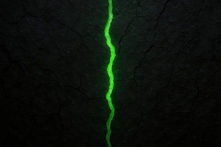 A vibrant green glowing crack runs vertically through a dark, textured surface. The eerie luminescence illuminates the rough texture, creating a dramatic and abstract visual. This dynamic element suggests energy, damage, or a futuristic design.の素材