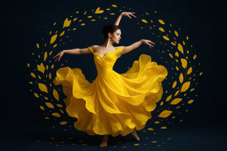 A captivating portrayal of a female dancer in a resplendent, flowing yellow gown. Her arms are extended in an elegant, expressive pose, conveying a sense of dynamic movement and grace. The voluminous fabric of her dress appears to swirl, accentuating the energetic performance. She stands against a dark, muted background, which makes her vibrant attire truly stand out. Surrounding her is an artistic halo or wreath composed of luminous golden, abstract leaf-like elements, adding a magical and ethereal touch to the composition. This scene beautifully captures the passion and artistry of dance, emphasizing color, form, and graceful motion. It evokes feelings of beauty, celebration, and artistic expression.の素材