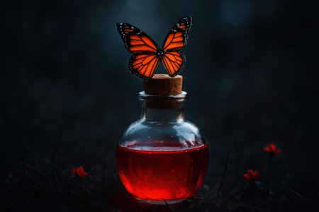 A vibrant monarch butterfly rests delicately on the cork stopper of a glass bottle containing a luminous red liquid. The scene unfolds against a dark, mystical background with subtle hints of glowing red foliage, evoking a sense of fantasy and enchantment.の素材