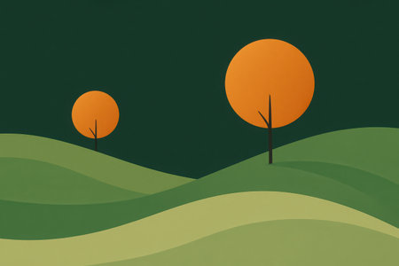 This minimalist pixel art illustration presents a serene landscape featuring undulating green hills. Two stylized trees with vibrant orange, spherical canopies stand prominently against a deep, dark greenish-blue sky. The artistic rendition emphasizes simplicity and a retro aesthetic, evoking a sense of calm and natural beauty. The varying shades of green on the hills create depth and movement across the scene. This digital artwork is perfect for conveying themes of nature, environment, tranquility, or as a vibrant background.の素材