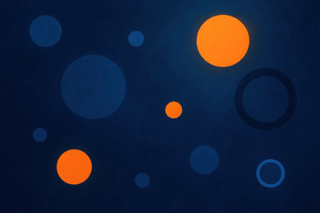 A vibrant abstract composition featuring various sized circles and bubbles. The dark blue background is adorned with glowing orange, blue, and outlined circular shapes, creating a modern and dynamic visual effect. Some circles are filled with solid color, while others are subtle outlines, giving depth to the visual. This design has a digital, futuristic feel.の素材