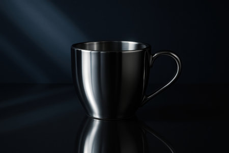 A polished stainless steel mug sits on a reflective black surface against a dark background. A beam of light illuminates the sleek, metallic finish, creating strong reflections and highlights.の素材