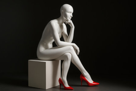 A contemporary white female mannequin is depicted sitting thoughtfully on a light-colored cube against a dark studio background. The mannequin strikes a pose with one hand near its chin, suggesting contemplation or introspection. It is wearing vibrant red high-heeled shoes, adding a splash of color to the otherwise monochromatic scene. The lighting emphasizes its form and smooth texture.の素材