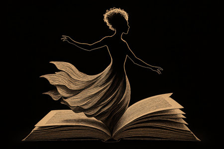 This captivating visual presents a radiant silhouette of a person, likely a woman, with an ethereal aura. Her form, depicted in a shimmering, textured golden-brown hue, appears to be gracefully rising or standing upon an open, illuminated tome. The book itself shares the same radiant texture, providing a stark contrast against the deep, dark backdrop. Small, luminous particles encircle the figure, particularly emphasizing her flowing hair and elegant attire, evoking a profound sense of wonder, magic, and profound inspiration. This artistic composition powerfully symbolizes the transformative essence of literature, the expansive realms of imagination unlocked by reading, and the profound journey of intellectual discovery.の素材