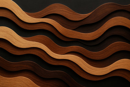 An abstract composition featuring undulating layers of textured material in various shades of brown and black. The wavy lines create a sense of dynamic movement and organic flow. The earthy color palette evokes natural elements such as soil, wood grains, or stratified rock, making it versatile for backgrounds, digital art, or design projects. The distinct surface texture adds depth and visual interest, contributing to a warm, natural aesthetic.の素材