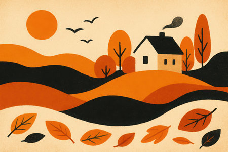 A digitally illustrated autumn landscape featuring a quaint white house with a smoking chimney nestled on rolling, textured hills in shades of orange and dark brown. Golden-leaved trees dot the landscape under a large orange sun and three flying birds. Scattered autumnal leaves in warm tones adorn the foreground, capturing the essence of the fall season. The scene evokes warmth, tranquility, and a rustic countryside feel.の素材