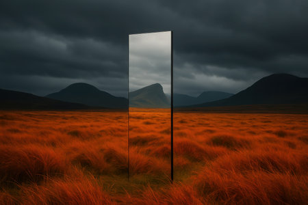 A tall, slender, mirrored monolith stands vertically in the center of a wide-open field, casting no shadow. The field is covered in dry, reddish-orange grass, suggesting an arid or autumnal landscape. In the background, dark, rolling mountains rise under a dramatically overcast and dark grey sky. The surface of the monolith perfectly reflects the muted tones of the sky and distant peaks, creating a striking contrast with the vibrant foreground. The scene evokes a sense of mystery, isolation, and a futuristic or extraterrestrial presence, reminiscent of science fiction concepts.の素材