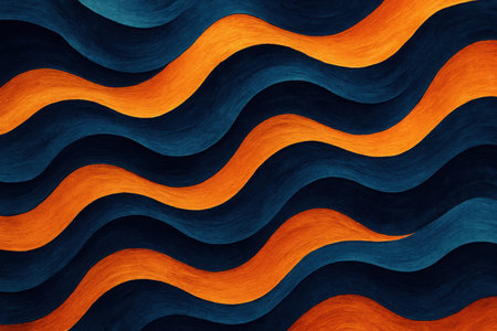 A vibrant abstract design featuring undulating, organic wavy lines. Rich deep blue and bright orange hues interweave, creating a dynamic, textured surface reminiscent of a textile or painted art.の素材