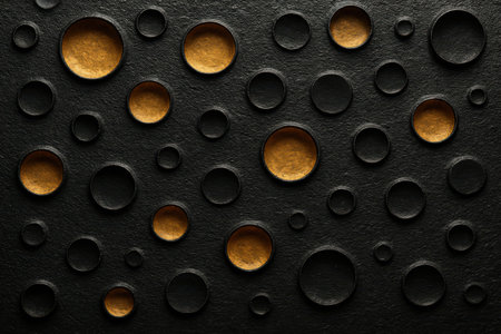 A close-up view of a dark, textured surface featuring numerous circular elements. Some circles are filled with a shimmering gold liquid or material, reflecting light and creating a striking contrast against the black backdrop. Other circles appear as dark depressions, adding depth to the intricate pattern. The overall composition is an abstract and visually compelling arrangement of metallic and matte textures.の素材
