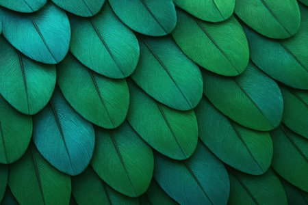 A vibrant macro photograph showcasing the intricate, overlapping pattern of green and blue-green bird feathers, highlighting their rich color and fine natural texture.の素材