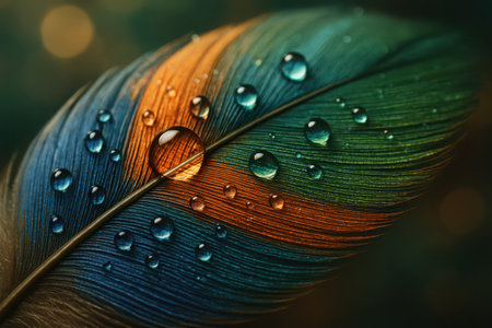 A close-up view of a vibrant feather, showcasing its blue, orange, and green hues. Numerous sparkling water droplets adorn the delicate surface, creating a beautiful natural pattern. The shallow depth of field emphasizes the intricate textures of the plume.の素材