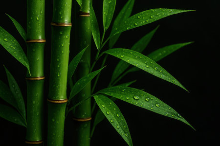 A close-up view of vibrant green bamboo stalks and delicate leaves. Each leaf is adorned with numerous tiny water droplets, suggesting dew or recent rain. The deep, dark background provides a striking contrast, making the brilliant green hues of the plant stand out. The smooth, segmented stalks rise vertically, complementing the lighter, broader leaves that branch off. This natural scene evokes feelings of freshness, tranquility, and growth.の素材