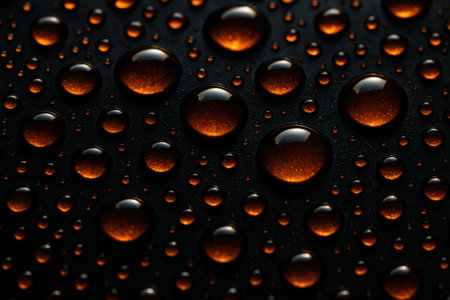 A close-up view reveals numerous spherical water droplets resting on a deep, dark, possibly black, surface. The droplets vary in size, creating a random yet structured pattern across the frame. Each liquid sphere acts as a tiny lens, capturing and reflecting a warm, amber or orange light source, which glows vibrantly from within the drops. This luminous effect creates a stark and captivating contrast against the matte, dark background. The scene emphasizes surface tension, optical properties, and a smooth, wet texture, offering a visually engaging abstract composition.の素材